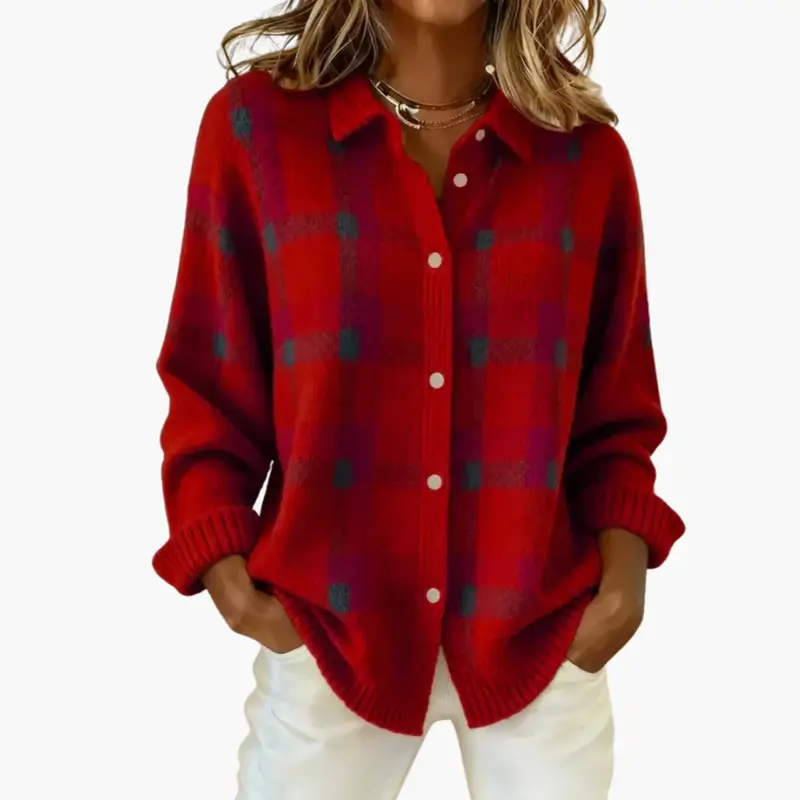 Women's red plaid check-pattern knit sweater with button-front and ribbed edges