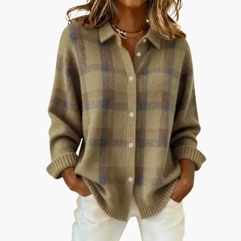 Women's check-pattern knit cardigan with button front and ribbed edges in olive, beige and blue plaid