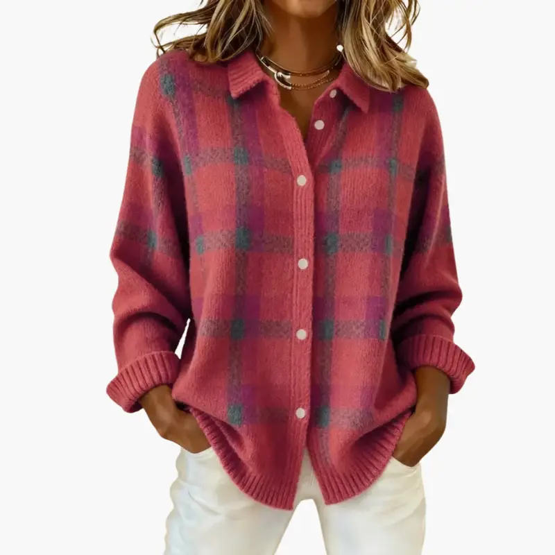 Women's pink-red plaid knit cardigan with ribbed edges and button front.