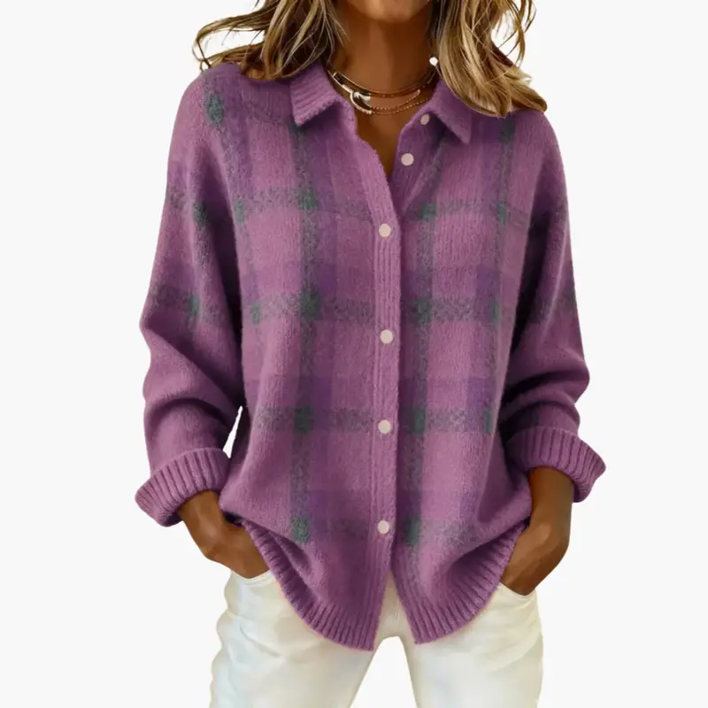 Women's knit cardigan in lavender purple with green check pattern and ribbed edges, button-front