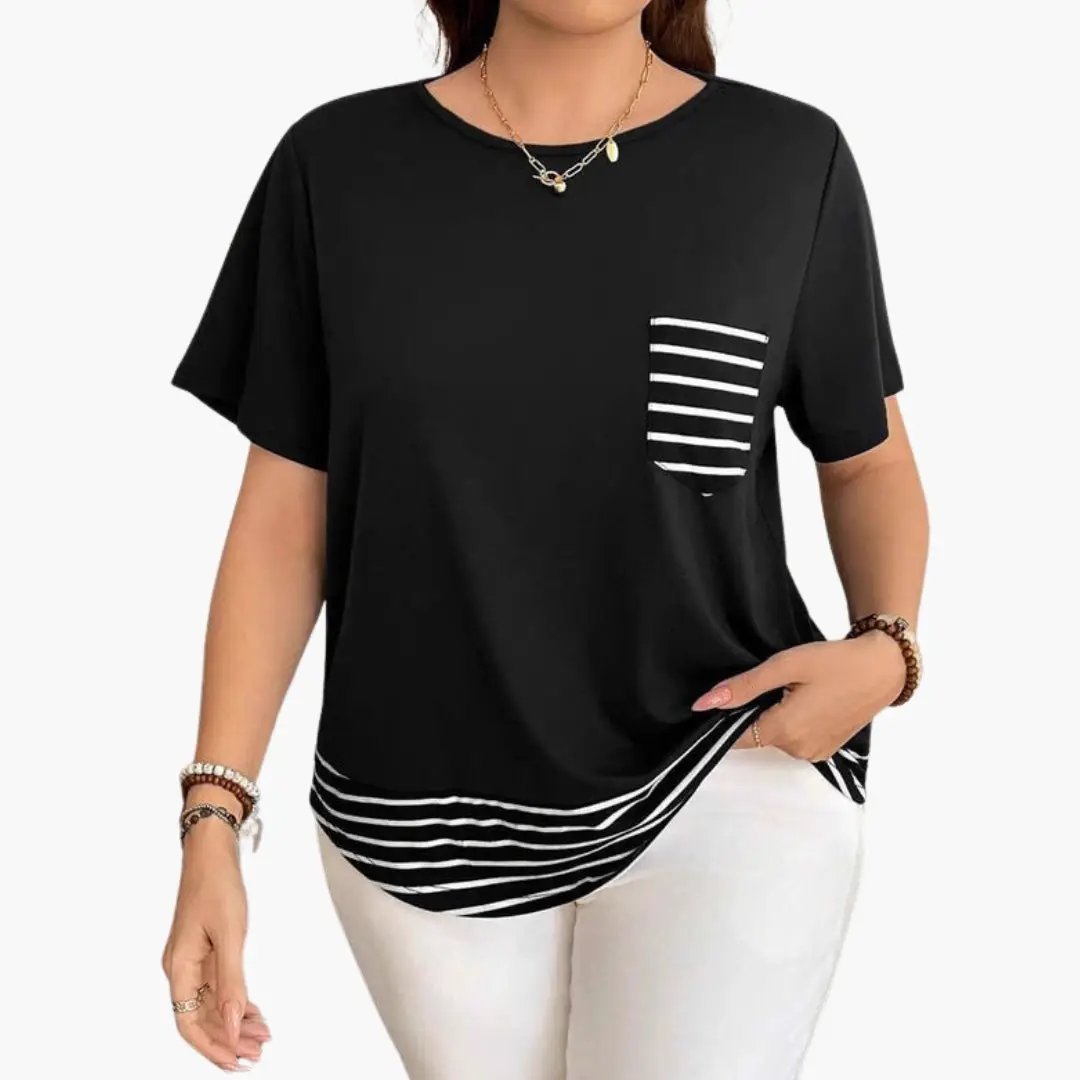 Women's T-shirt with chest pocket and striped hem; black with white stripes on pocket.
