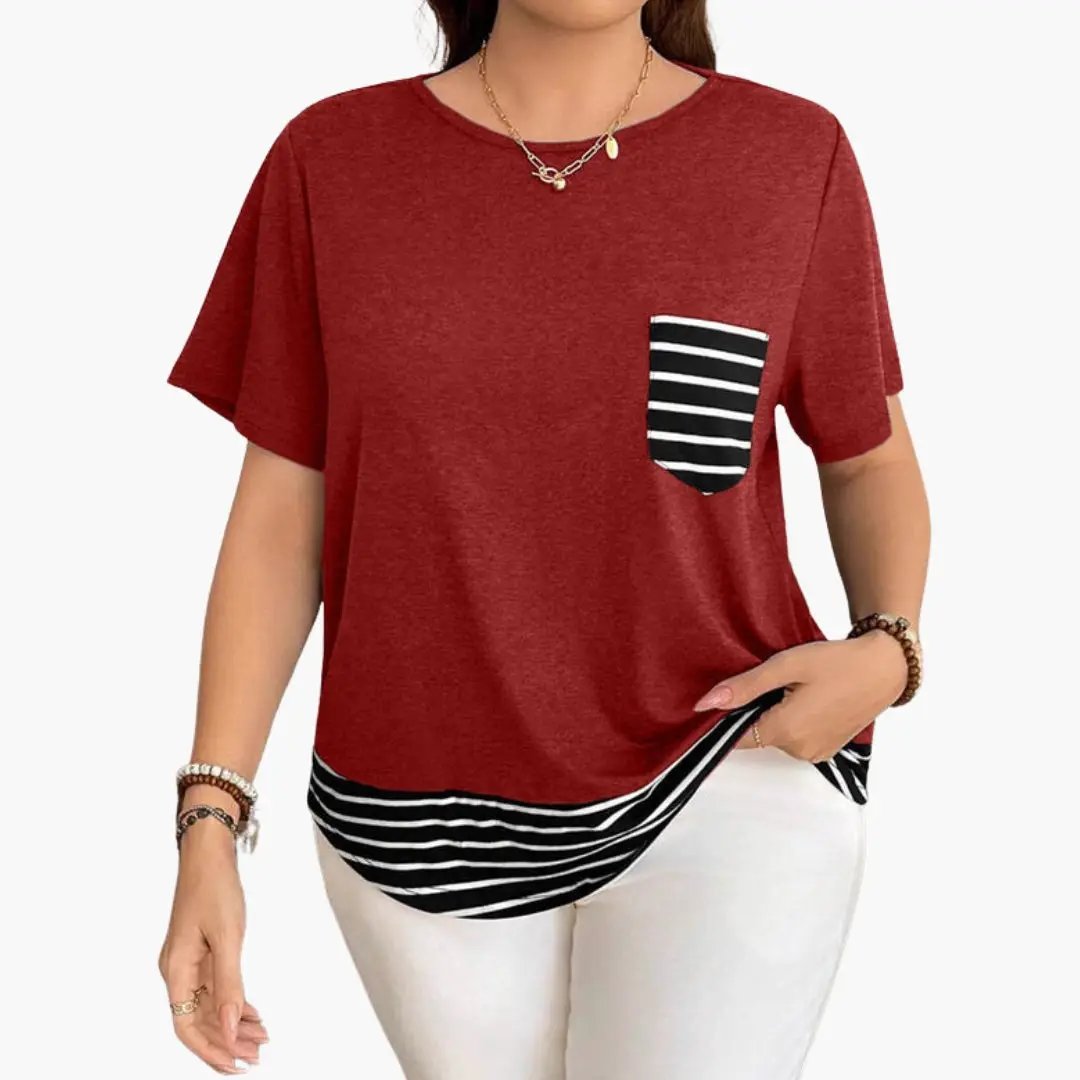 Women’s T‑shirt in red with a striped black/white chest pocket and striped hem, Wilfred Smith