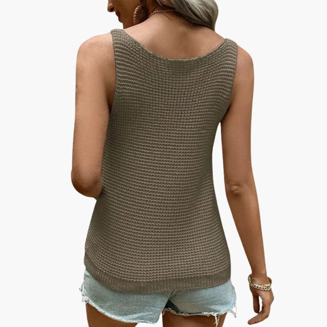 Women's tank top by Wilfred Smith, taupe ribbed knit with scoop neck (back view)