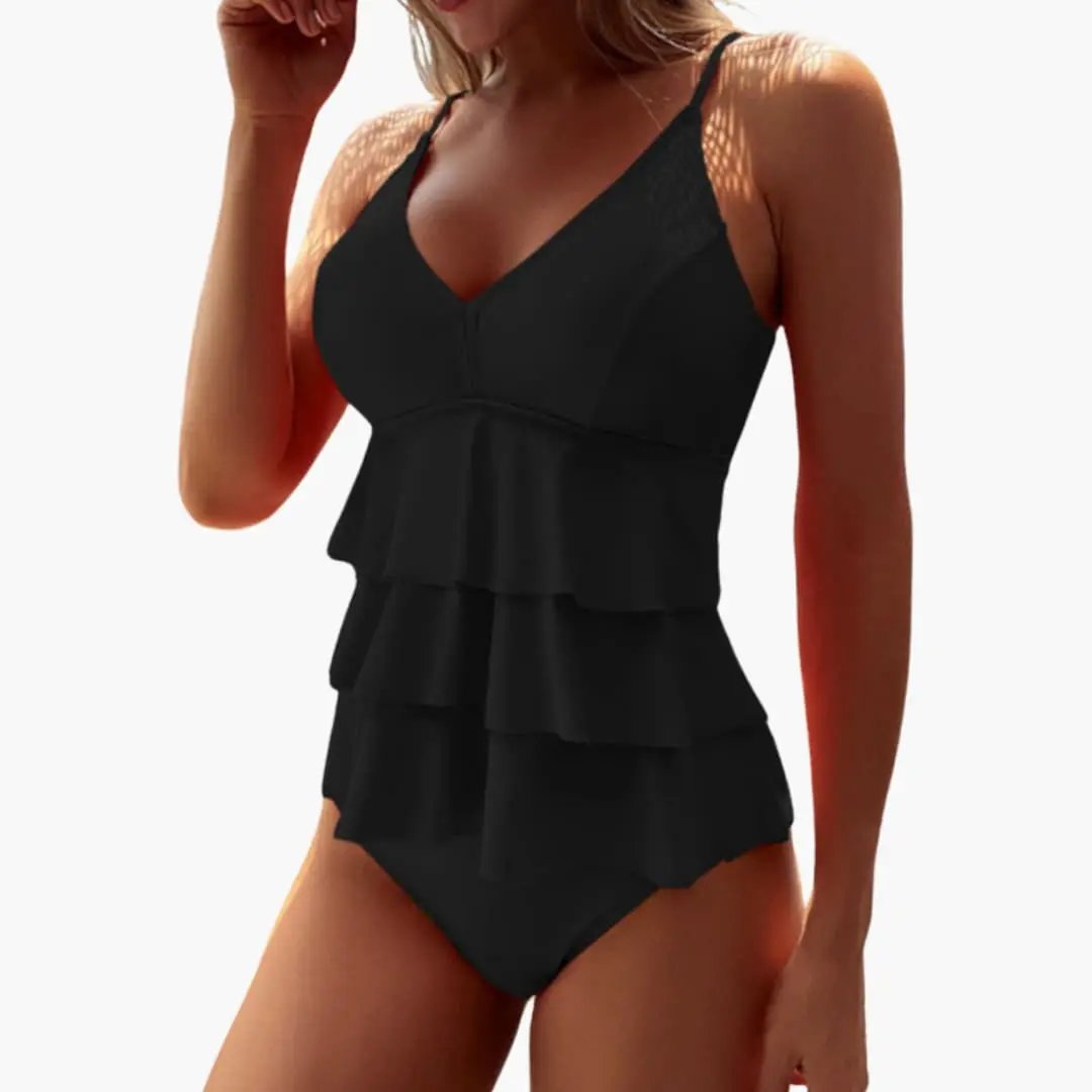 Women’s tankini set in black with adjustable straps and tiered ruffle top, Wilfred Smith classic bikini