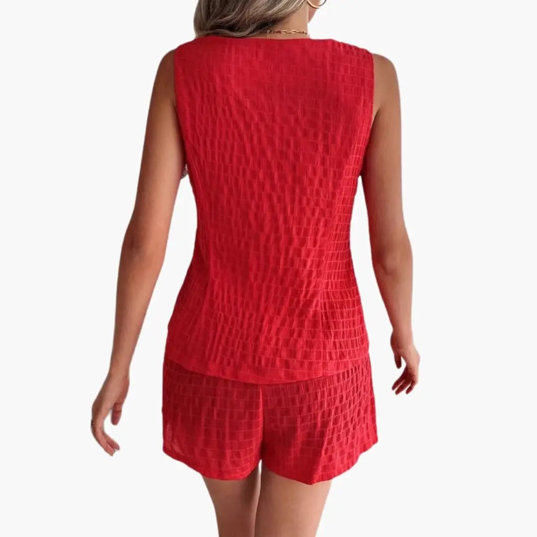 Wilfred Smith women's red textured two-piece top and shorts set, back view