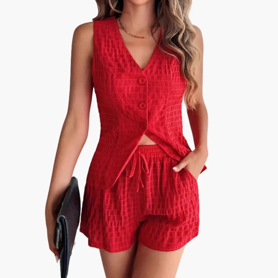 Women’s textured red V-neck sleeveless top and matching red shorts set with front buttons and drawstring waist