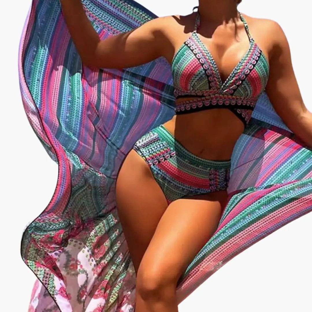 Women’s three-piece high-waisted bikini set with cross-strap back in vibrant multicolor print by Wilfred Smith
