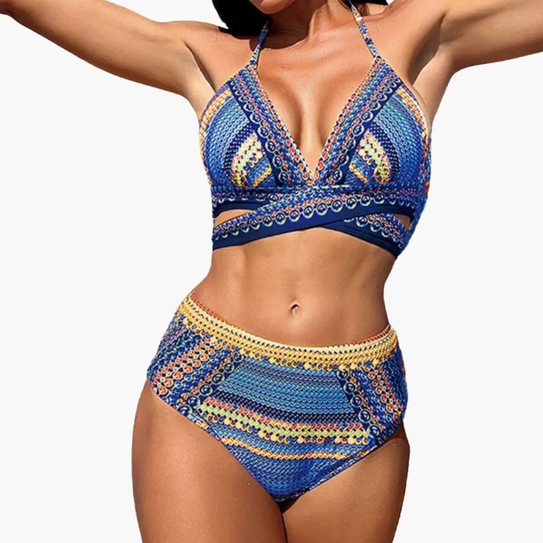 Women’s Three-Piece High-Waisted Bikini Set with Cross Strap Back, blue-yellow print by Wilfred Smith