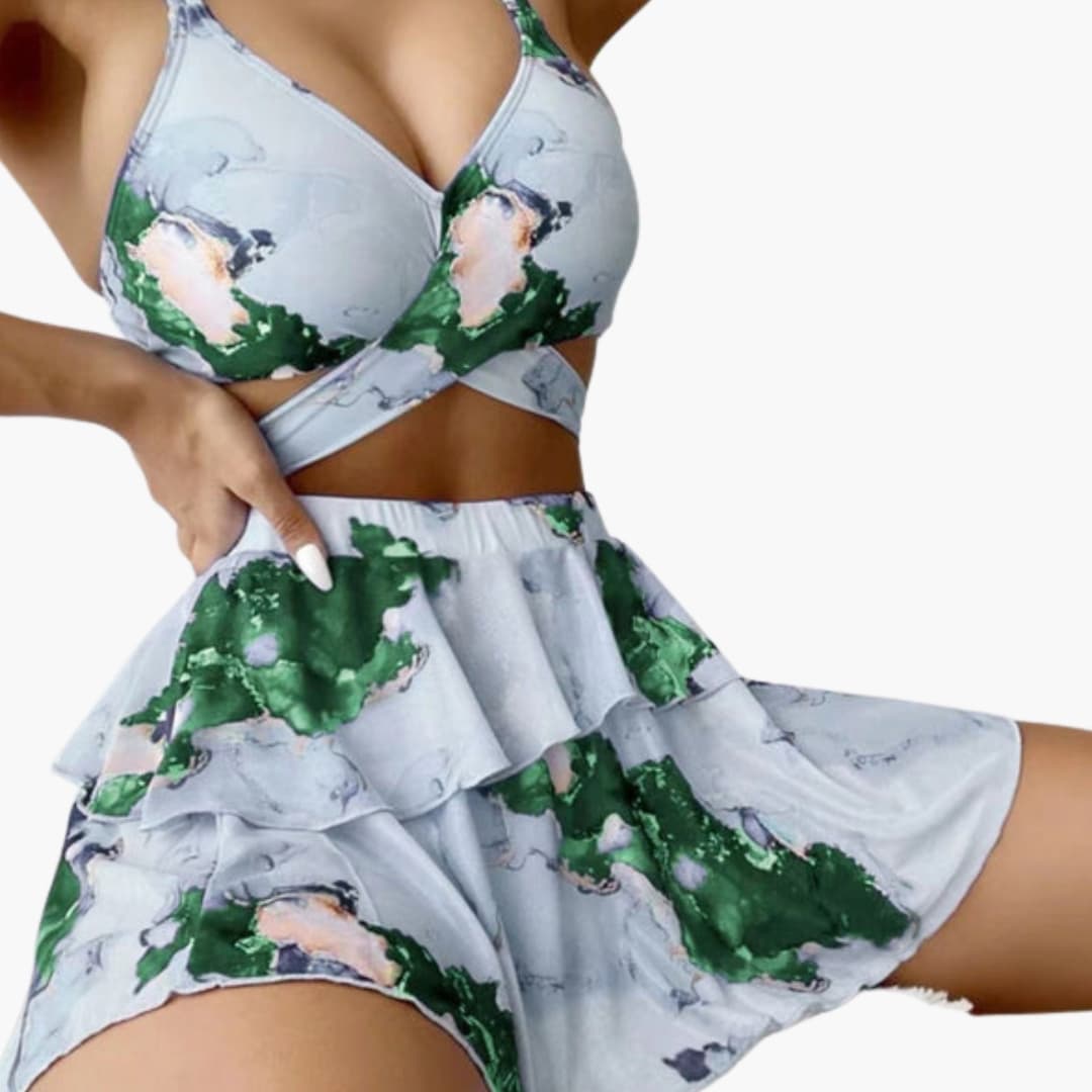 Women’s Three-Piece Marble Print Bikini Set with Padded Top, gray-green marble pattern, Wilfred Smith