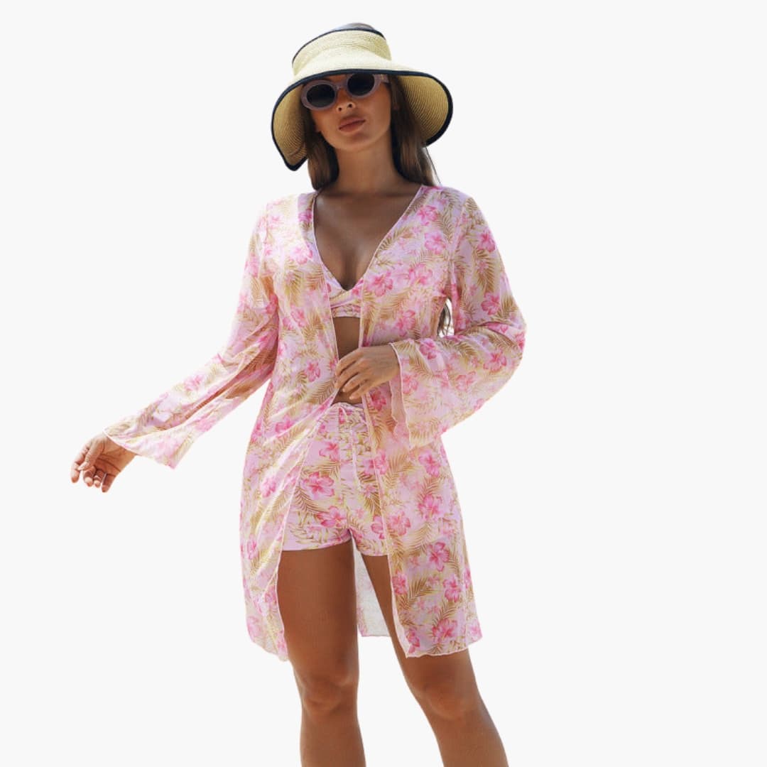 Women’s Three-Piece Printed Bikini Set with Padded Top in pink floral; includes top, bottom and sheer cover-up.