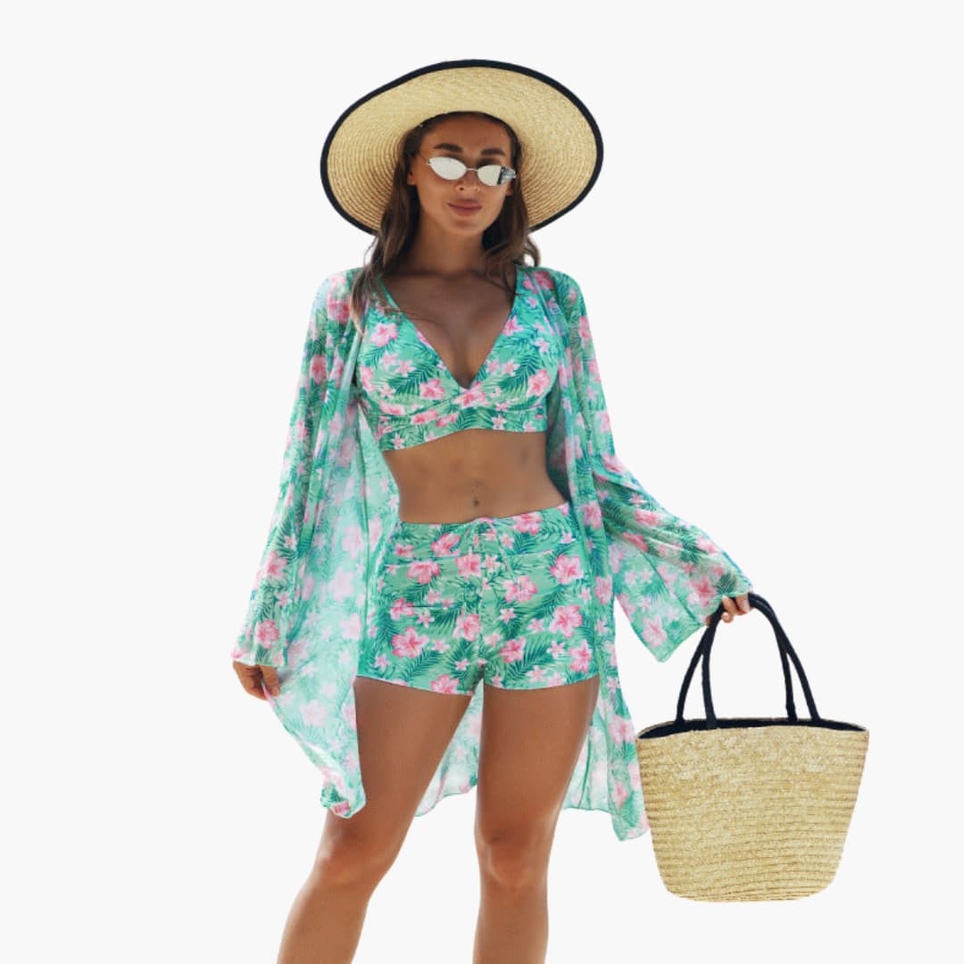 Women’s Three-Piece Printed Bikini Set with Padded Top by Wilfred Smith in green tropical floral; includes top, bottoms, and sheer cover-up.