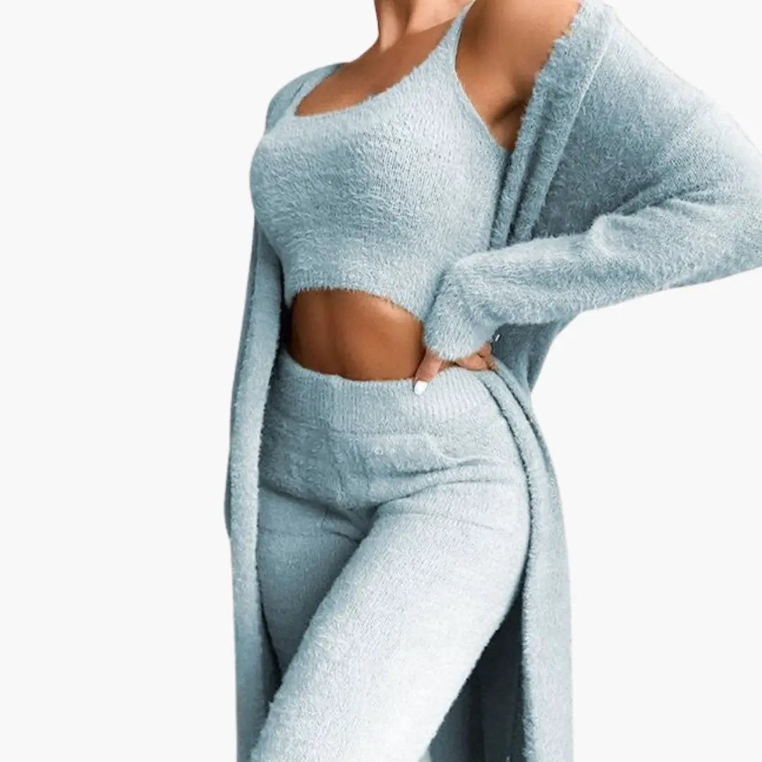 Women's three-piece outfit set by Wilfred Smith in light blue fuzzy knit with cardigan, crop top and pants