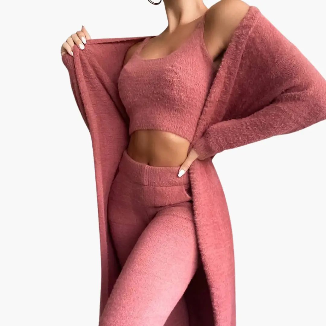 Women's three-piece rose-pink knit outfit with cardigan, crop top, and pants