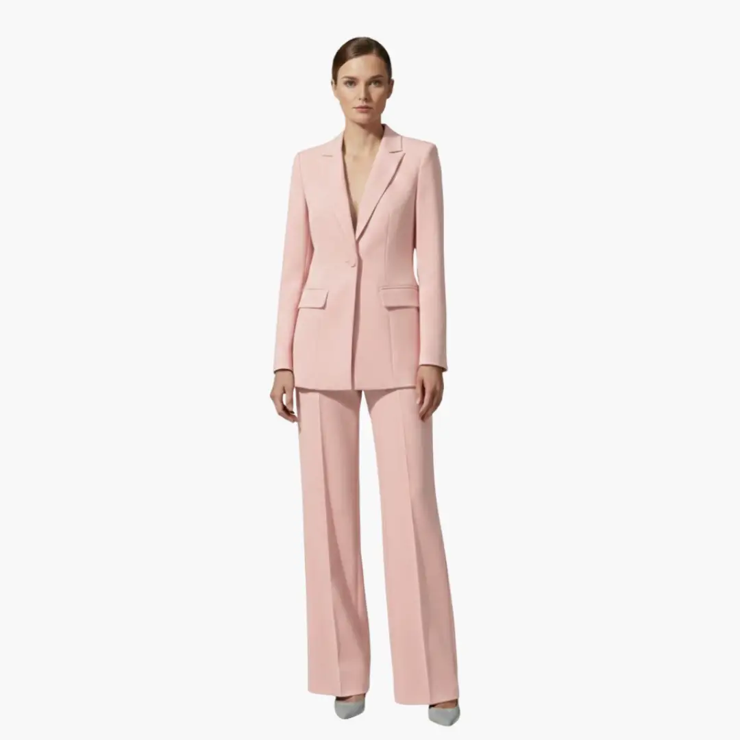 Women’s pink two-piece blazer and wide-leg pants suit.