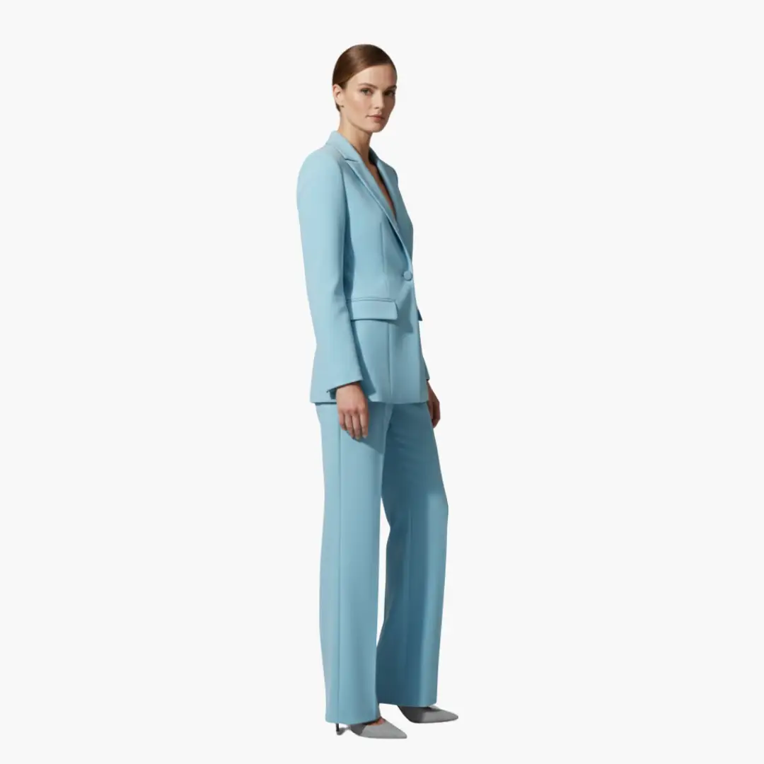 Women's light-blue tailored blazer and pants suit worn by model