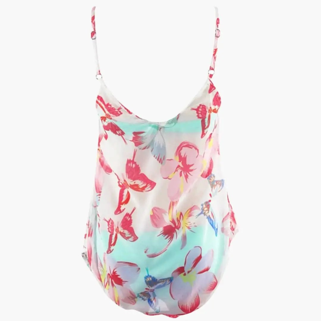Women’s Tropical Print Tankini Swimsuit Top by Wilfred Smith with pastel butterfly pattern
