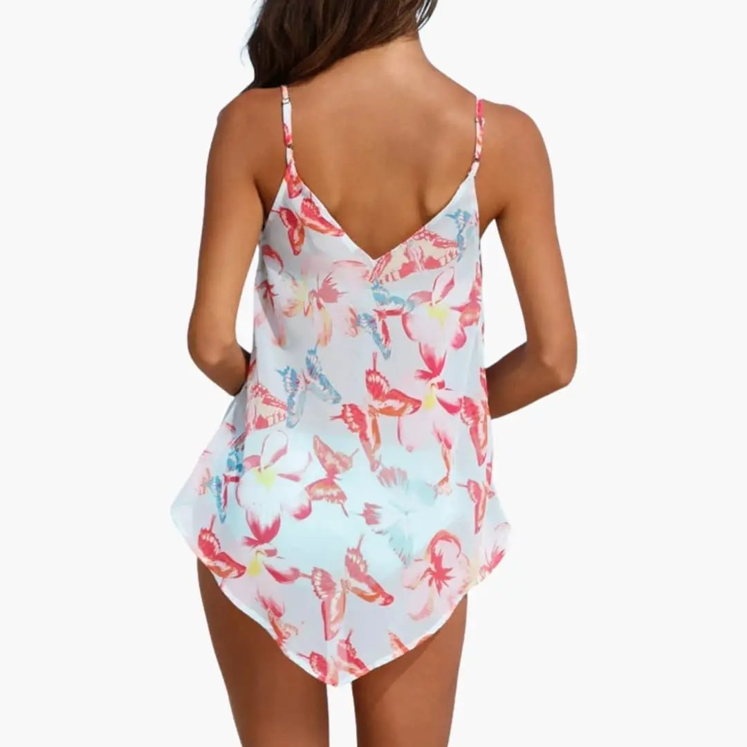 Women’s tropical print tankini swimsuit set, pastel blue and pink pattern with V-back spaghetti straps