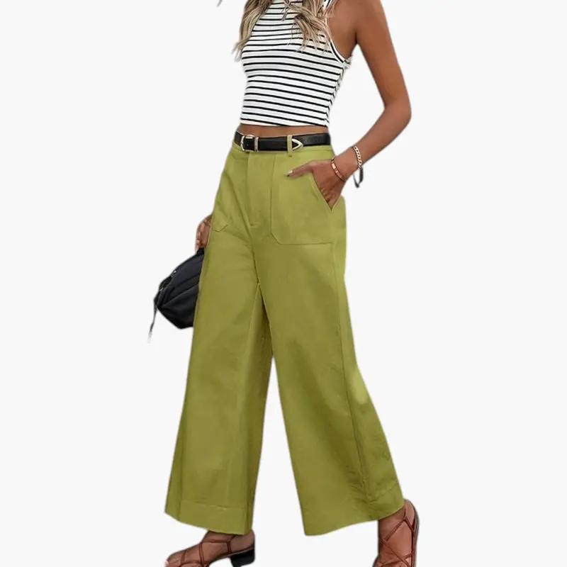 Women's trousers with high waist and side pockets in olive-green wide-leg by Wilfred Smith