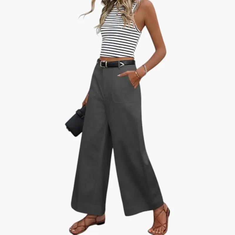 Women's trousers with high waist and side pockets; grey wide-leg fabric with belt