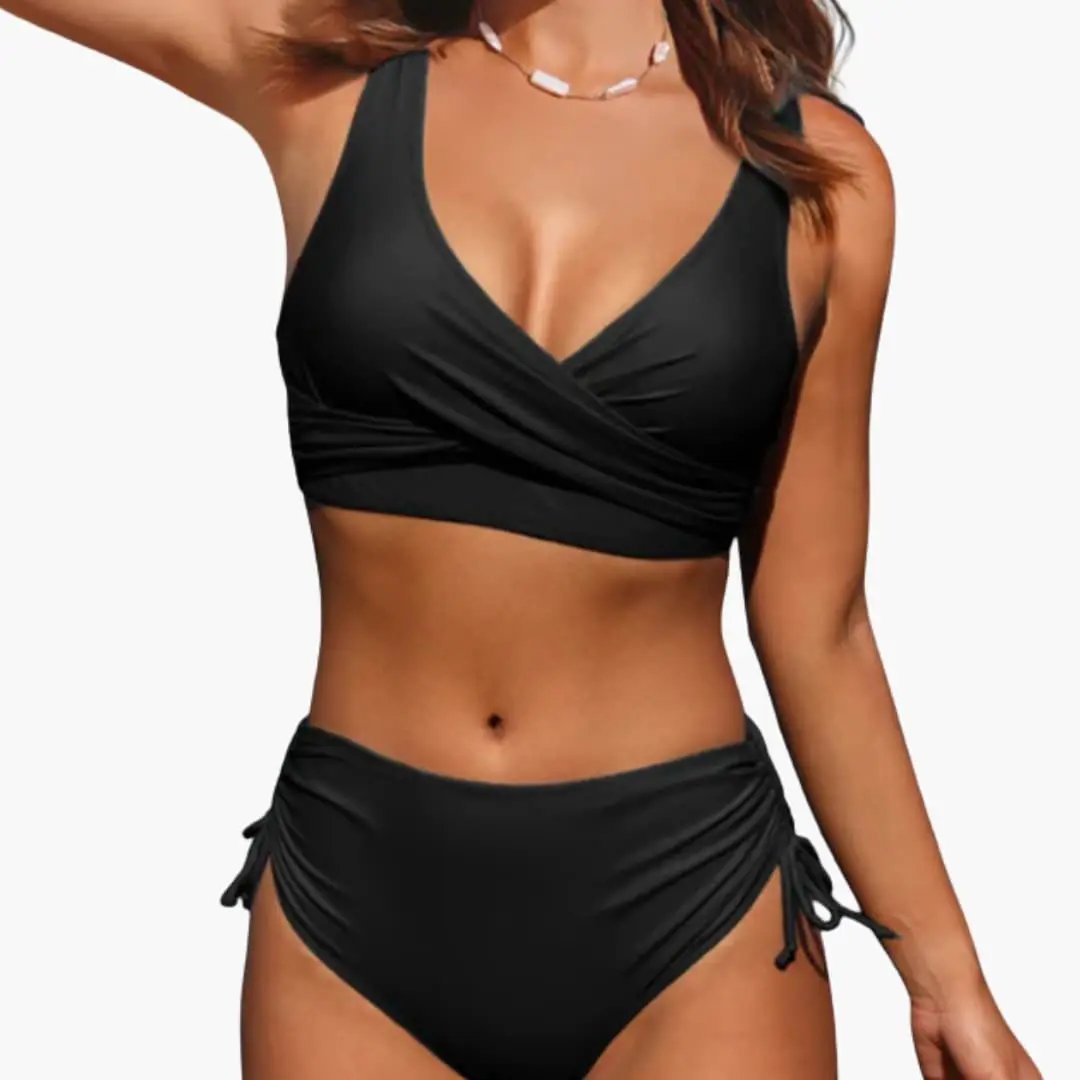 Women's black two-piece bikini set with wrap V-neck top and mid-rise, adjustable-side-tie bottoms