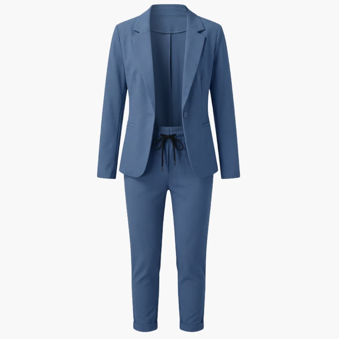 Wilfred Smith women's blazer set in blue with notched-lapel jacket and ankle-length pants