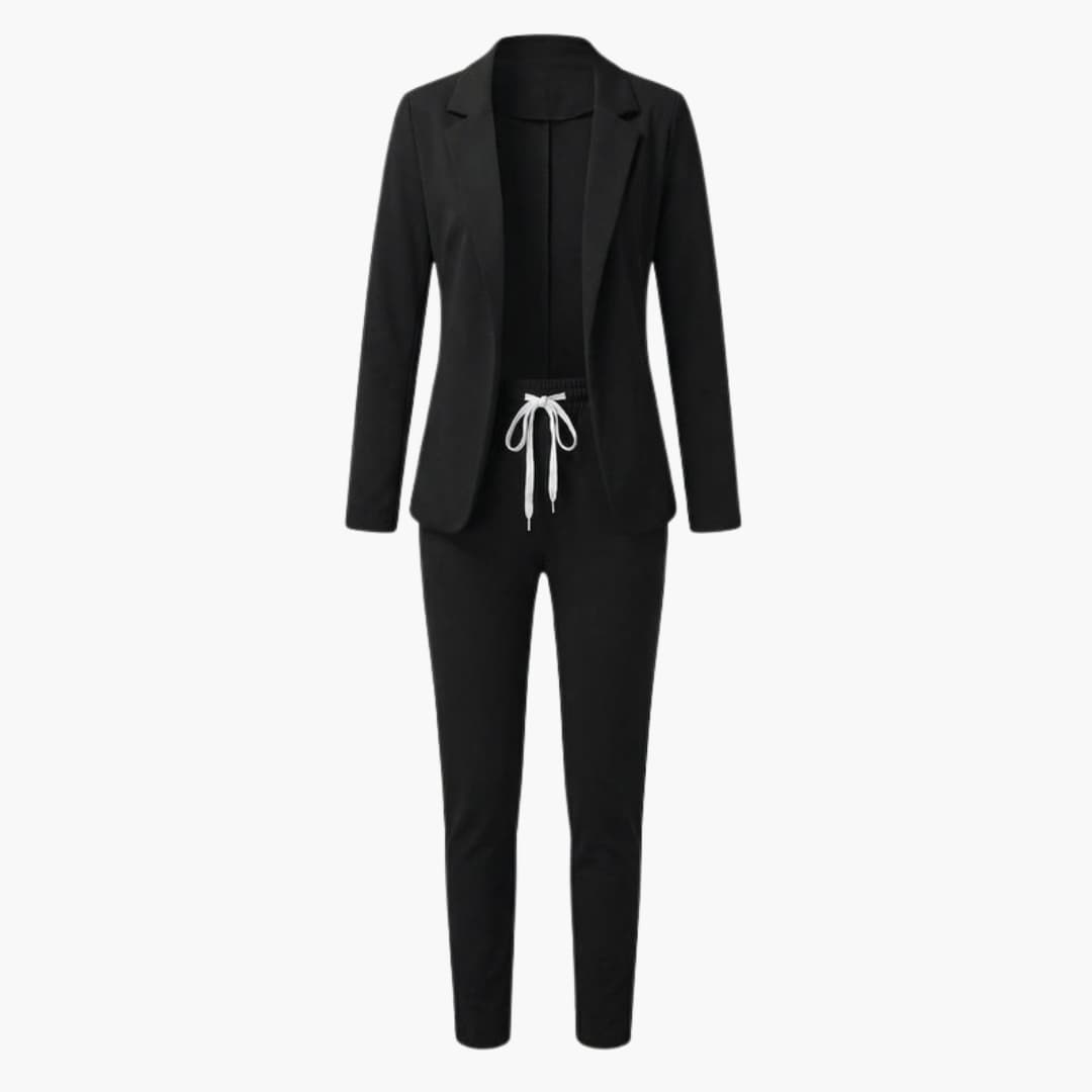 Women's two-piece blazer set by Wilfred Smith: black notched-lapel blazer with matching ankle-length pants.