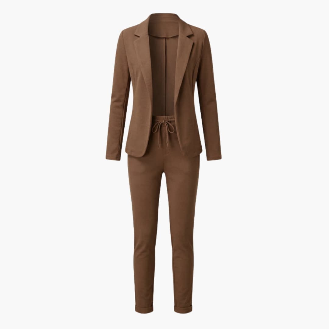 Women's two-piece blazer set in tan with a notched-lapel jacket and ankle-length drawstring pants