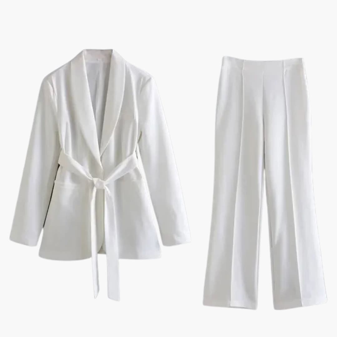Women's white belted blazer and straight-leg pants two-piece pant suit