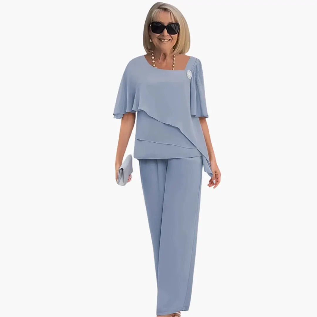 Women’s Two-Piece Outfit Set by Wilfred Smith in light-blue with a layered short-sleeve top and straight-leg pants
