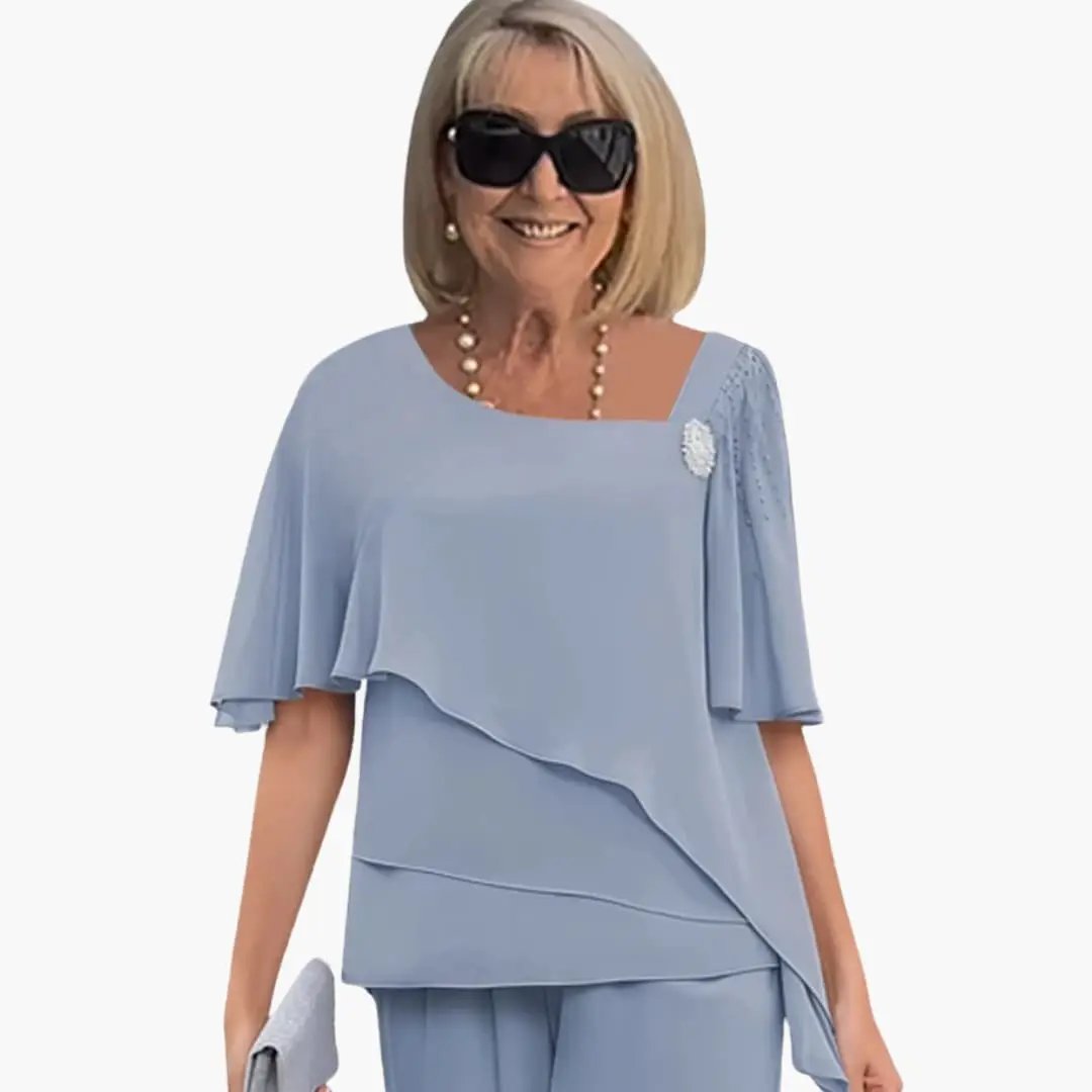 Women’s Two-Piece Outfit Set, light blue short-sleeve top with layered, asymmetrical hem and matching straight-leg pants