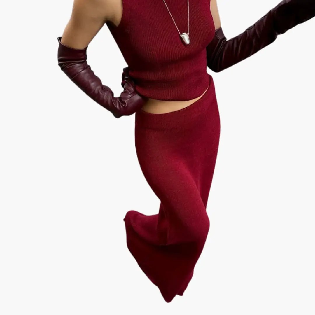 Women's two-piece burgundy knit set with a high-collar top and a midi skirt.