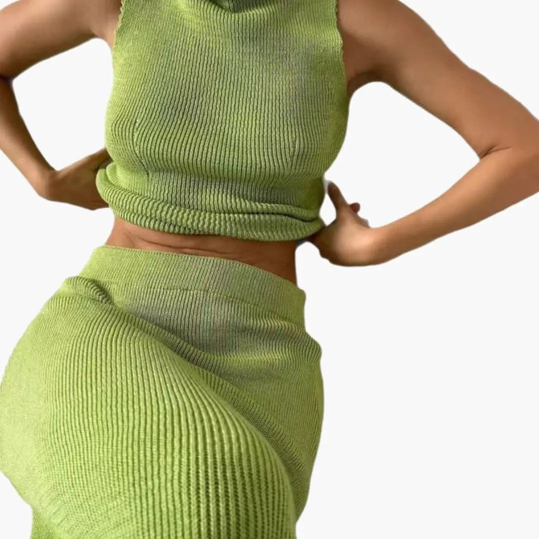 Women's two-piece set in lime green ribbed knit with high-collar top and midi skirt by Wilfred Smith