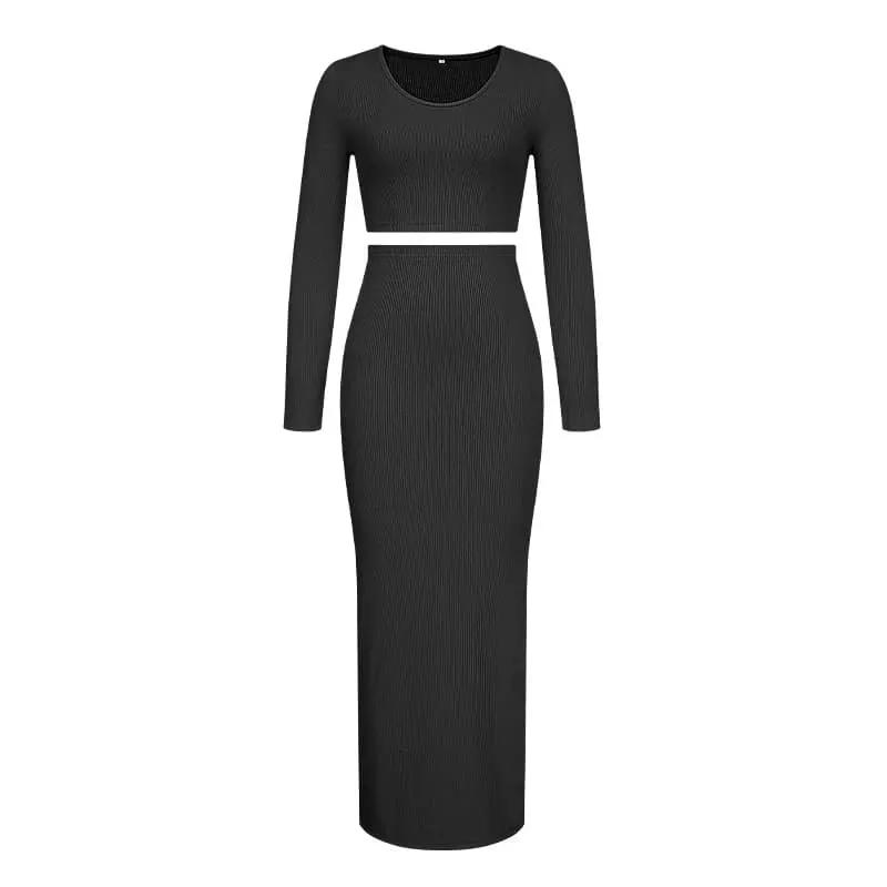 Women's two-piece outfit set: black ribbed knit crop top with long sleeves and matching high-waisted maxi skirt
