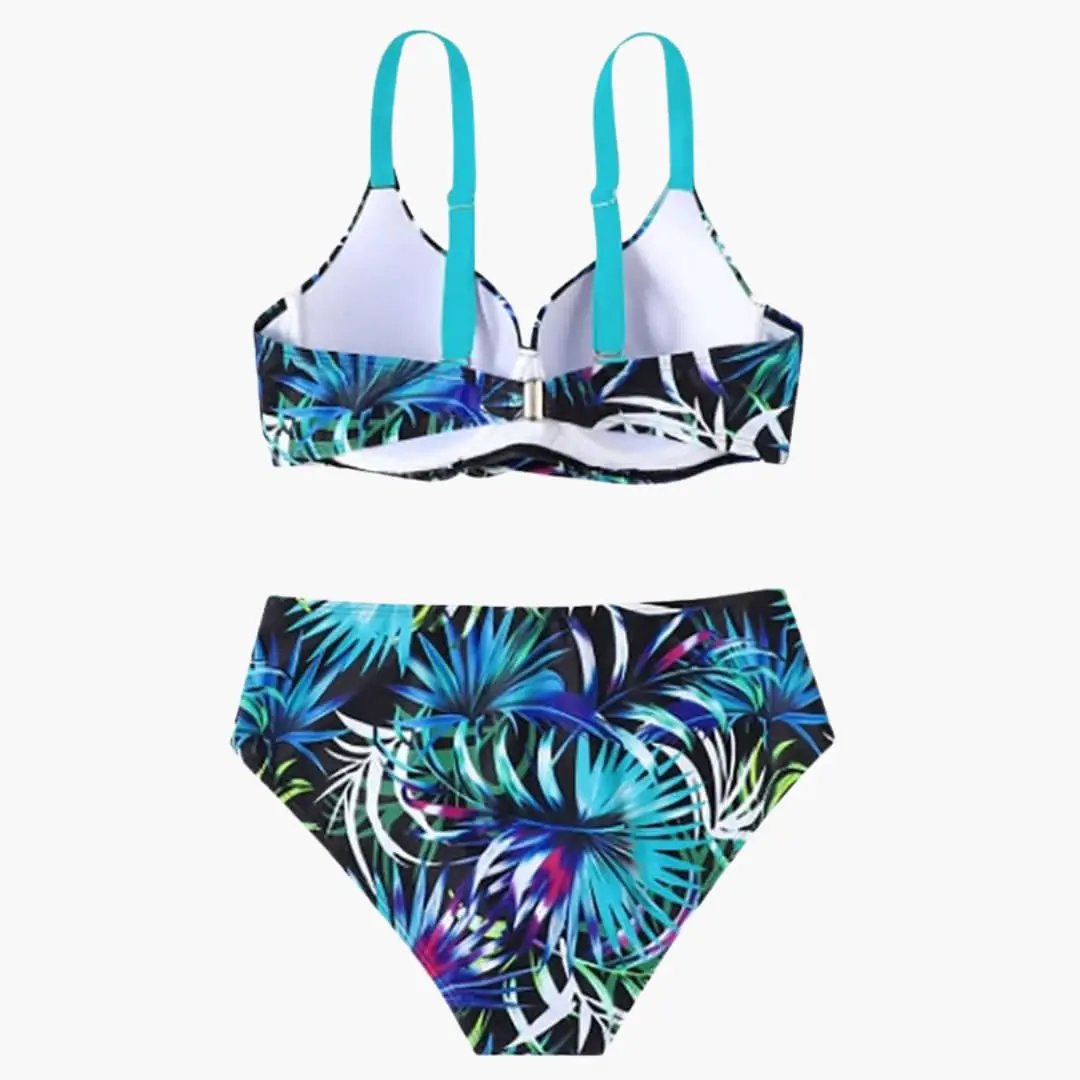 Women’s two-piece Underwire High-Waisted Tropical Print Bikini Set with teal straps