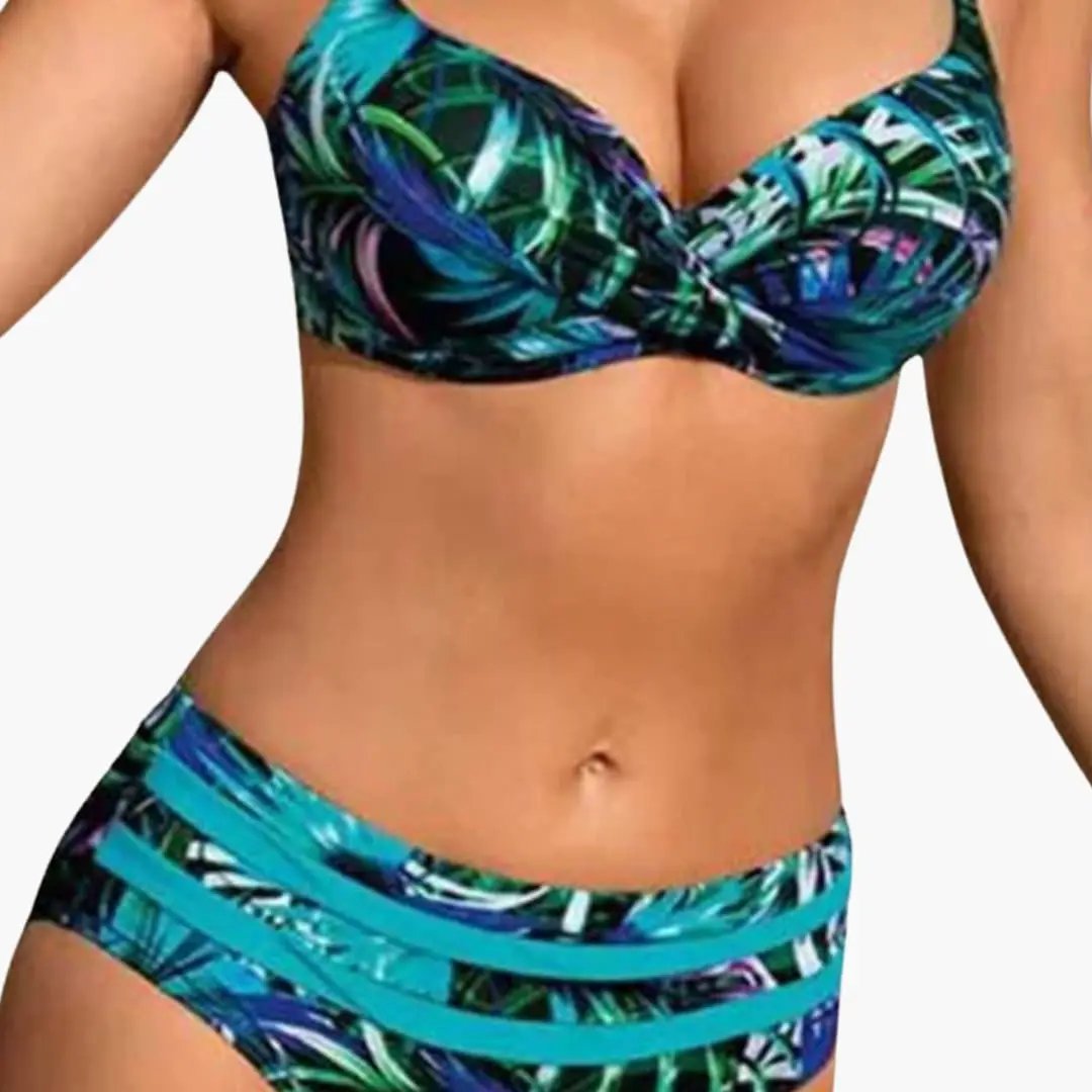 Women's Underwire High-Waisted Tropical Print Bikini Set by Wilfred Smith, blue-green tropical two-piece swimsuit