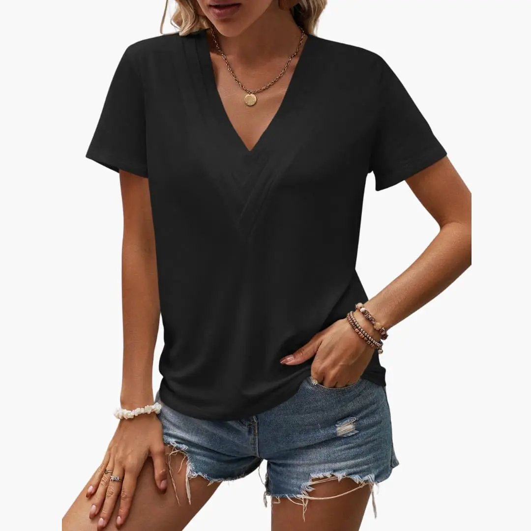 Wilfred Smith women's black V-neck short-sleeve T-shirt with contrast stitching.