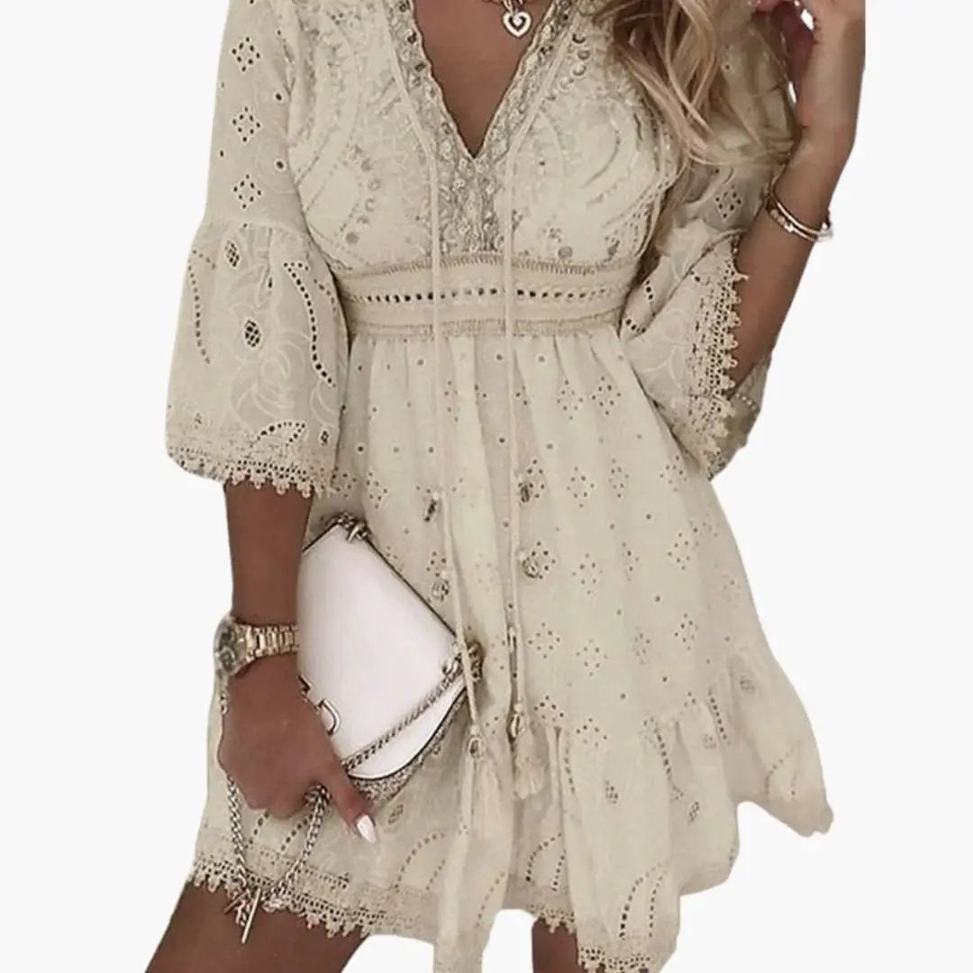 Women's V-Neck Dress by Wilfred Smith, cream lace knee-length with bell sleeves