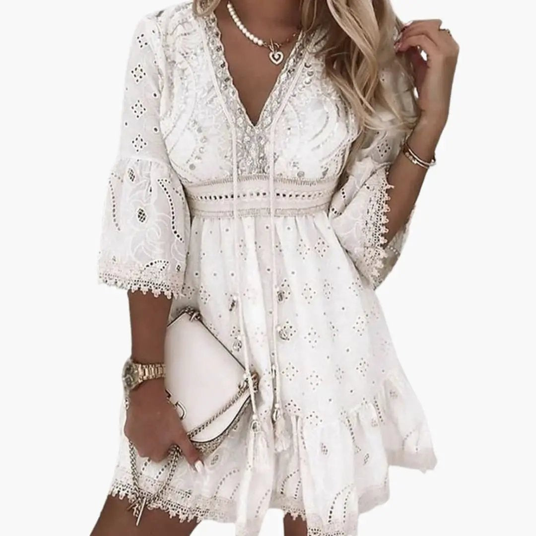 Women’s V-Neck Dress with Straight Fit, white lace knee-length dress with eyelet embroidery