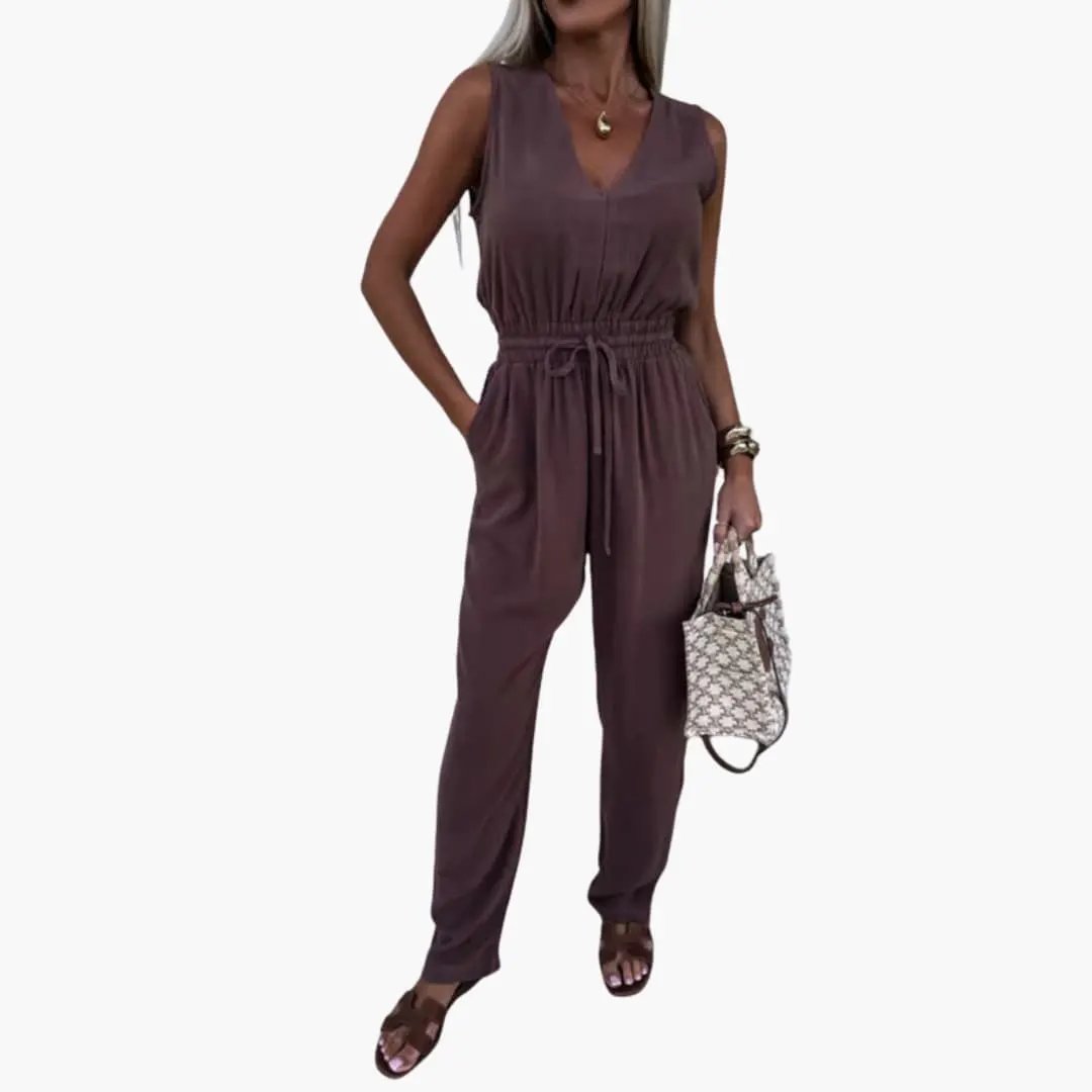 Women's V-neck jumpsuit with tie waist in brown plum, one-piece.