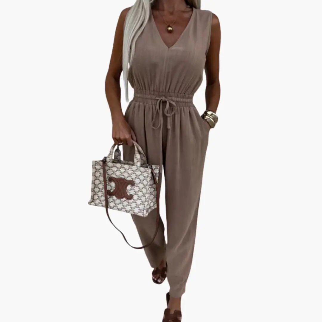 Women’s V-neck jumpsuit with tie waist in taupe, wide-leg one-piece by Wilfred Smith; handbag included