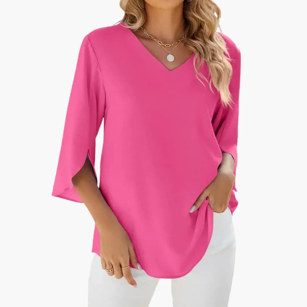 Women’s V-Neck Long Sleeve Blouse in pink with slit sleeves