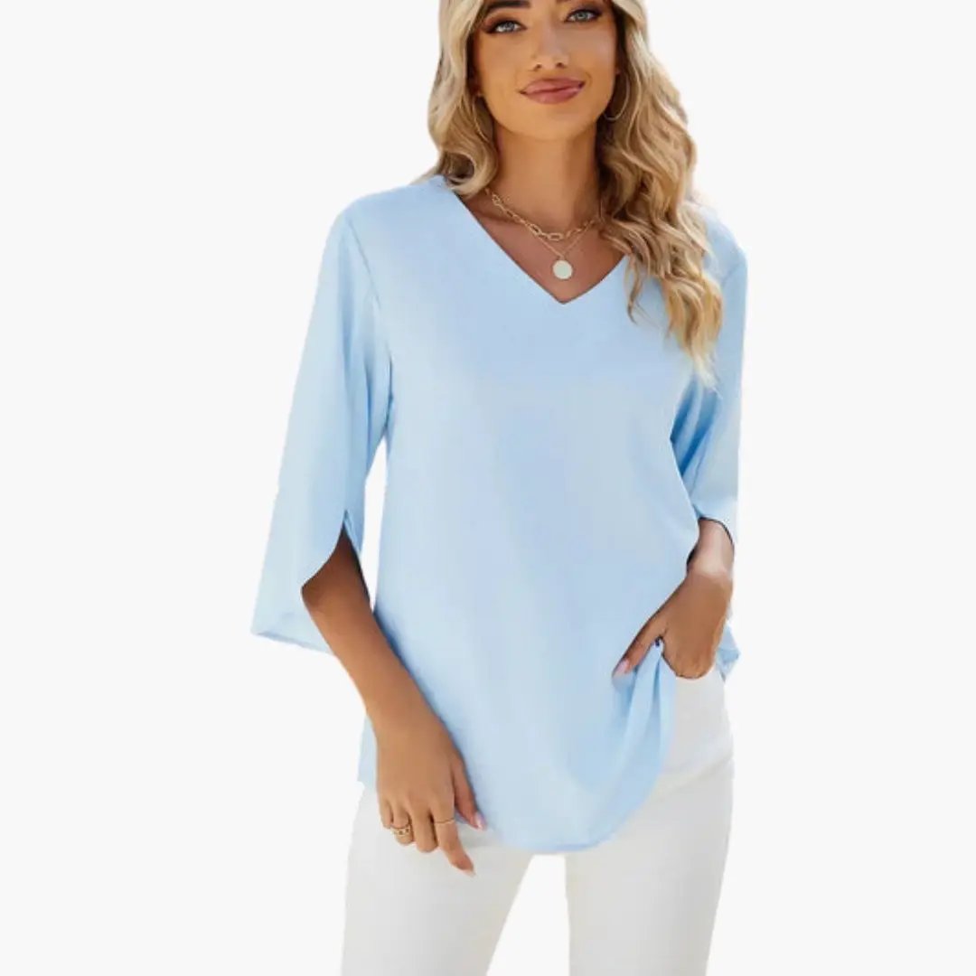 Women’s V-Neck Long Sleeve Blouse by Wilfred Smith, light blue, relaxed fit