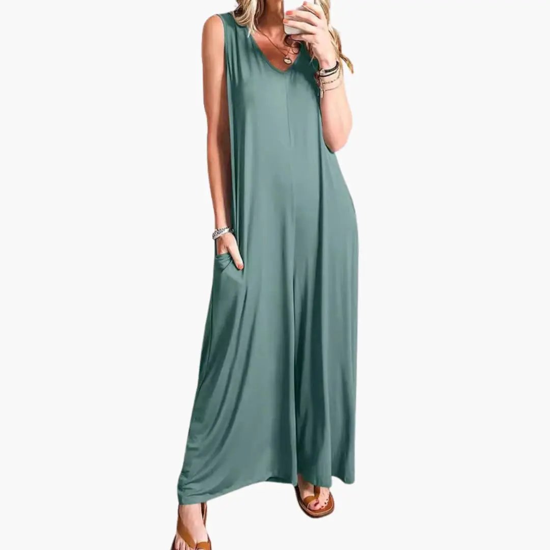 Women's V-Neck One-Piece Jumpsuit with Pockets in teal, maxi-length by Wilfred Smith