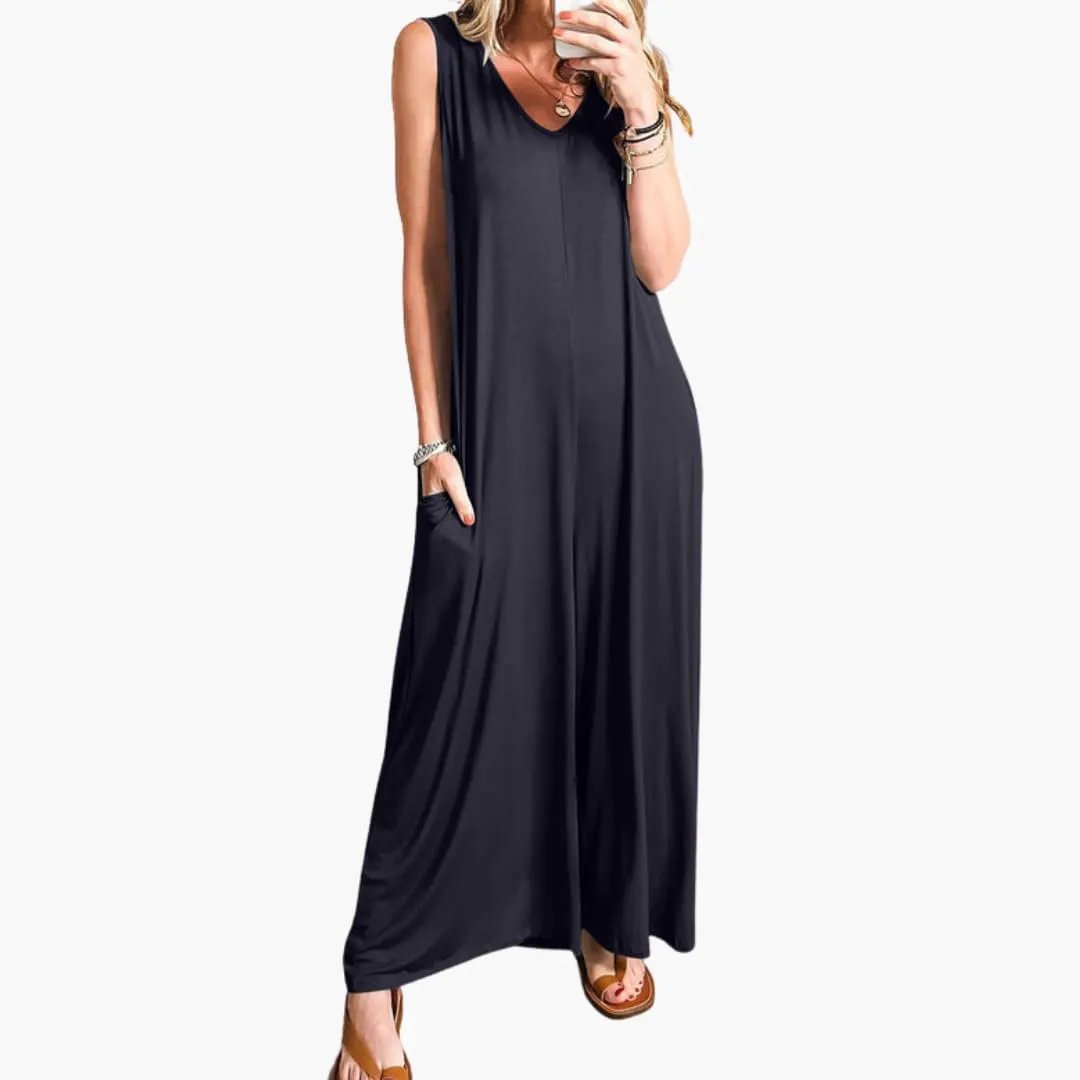 Women's V-Neck One-Piece Jumpsuit with Pockets, black, by Wilfred Smith, sleeveless wide-leg.