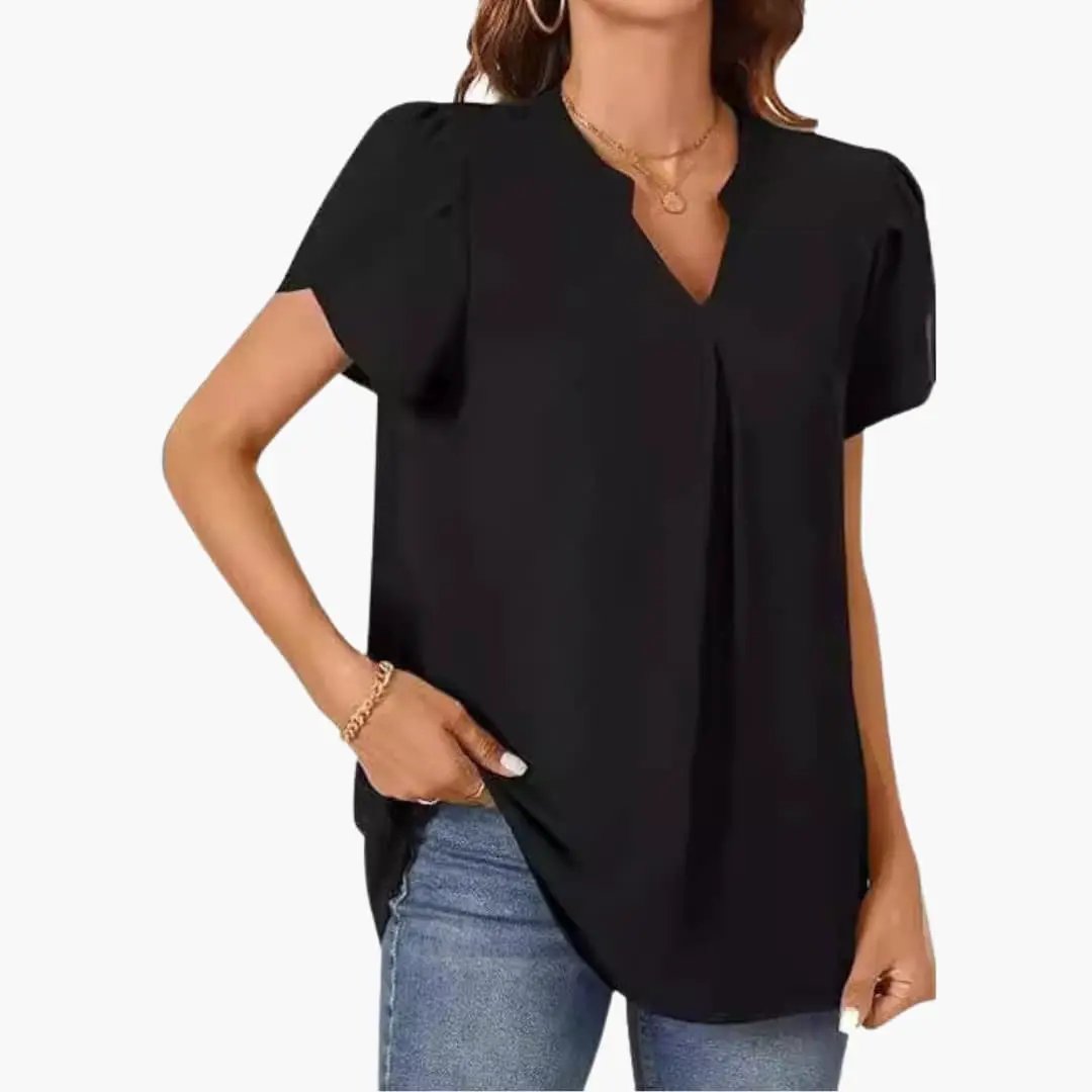 Women's V-Neck Puff Sleeve Blouse, black woven fabric, loose fit pullover top.