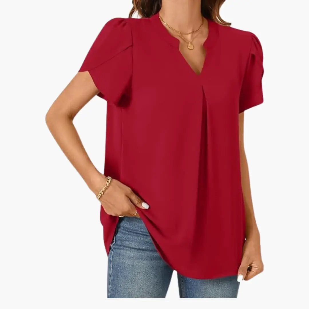 Women's V-Neck Puff Sleeve Woven Blouse in red by Wilfred Smith, loose-fit pullover top