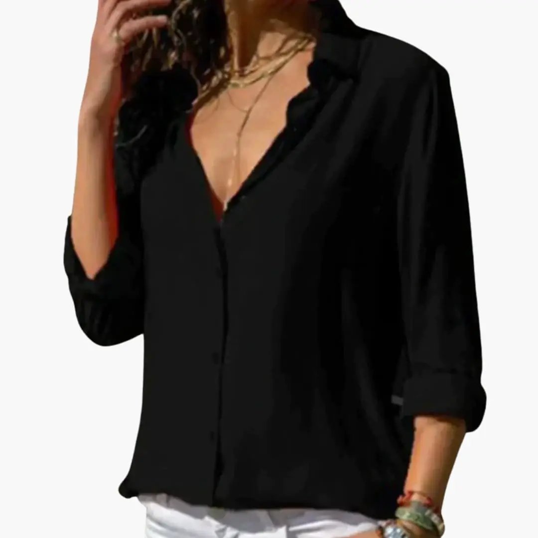 Women’s V-Neck Satin-Style Blouse with long sleeves in black