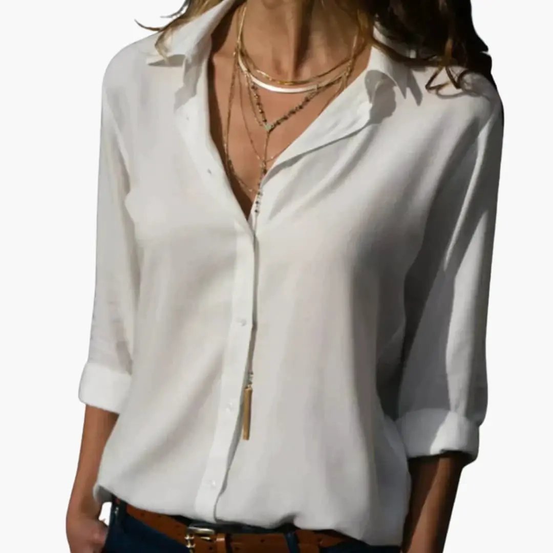 Women’s V-Neck Satin-Style Blouse - white long-sleeve woven top by Wilfred Smith
