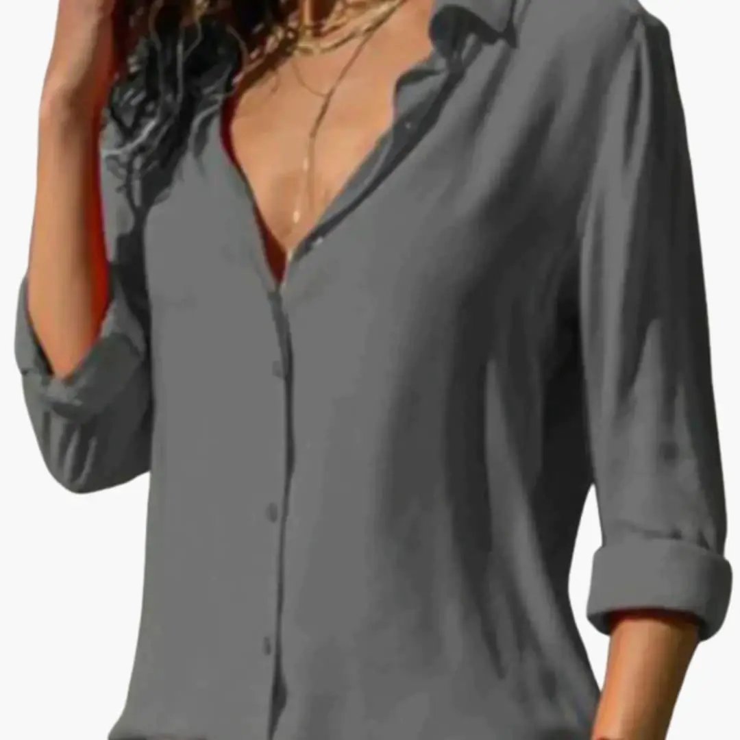 Women’s V-Neck satin-style blouse, gray long-sleeve woven top.