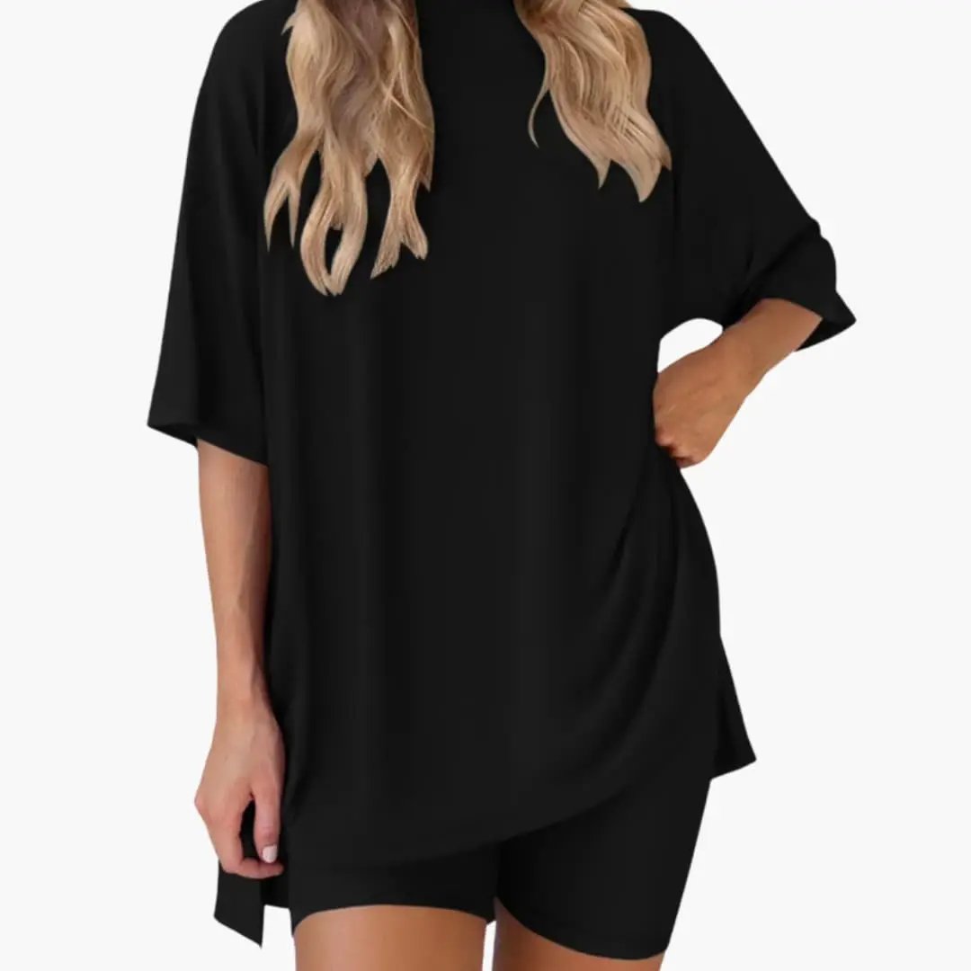 Women's V-Neck Top and Elastic Waist Shorts Two-Piece Set in black; oversized top with matching shorts